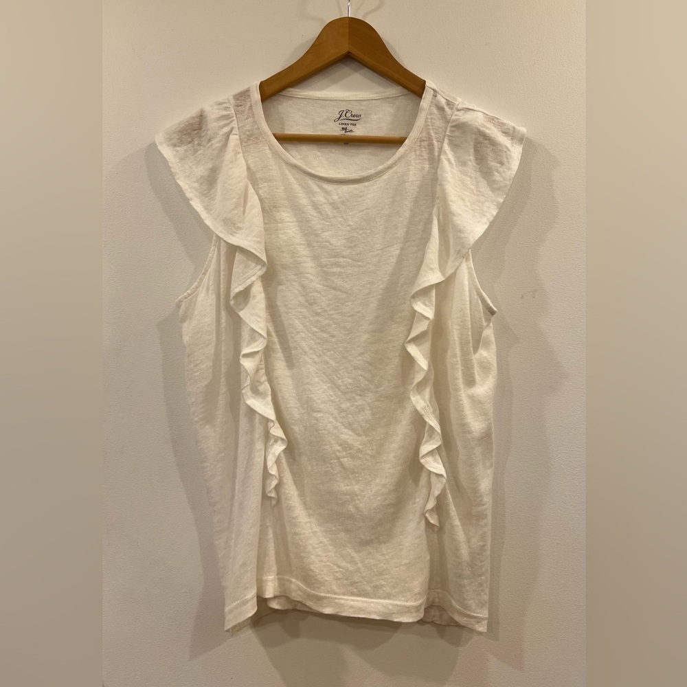 J. Crew Knit Goods Linen Ruffle Tee, 
Size Medium, White